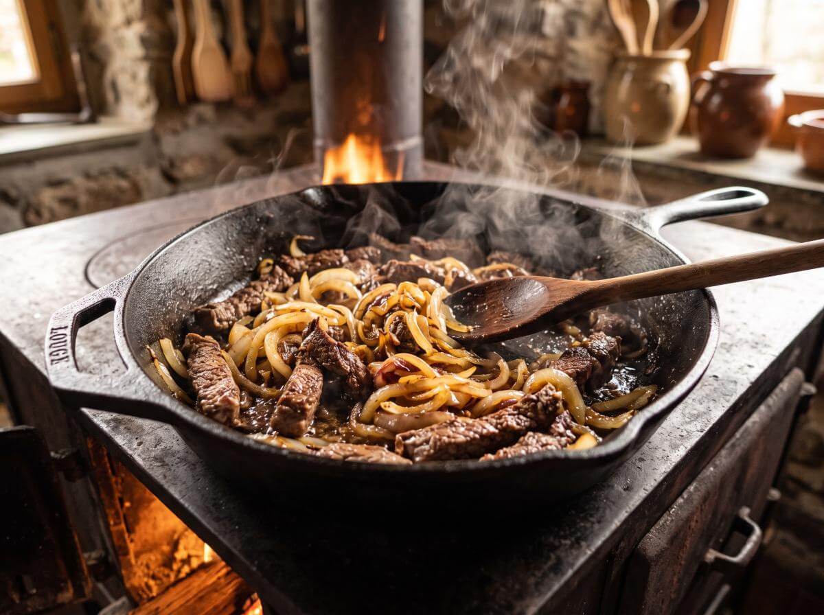 Refogado da carne na panela de ferro