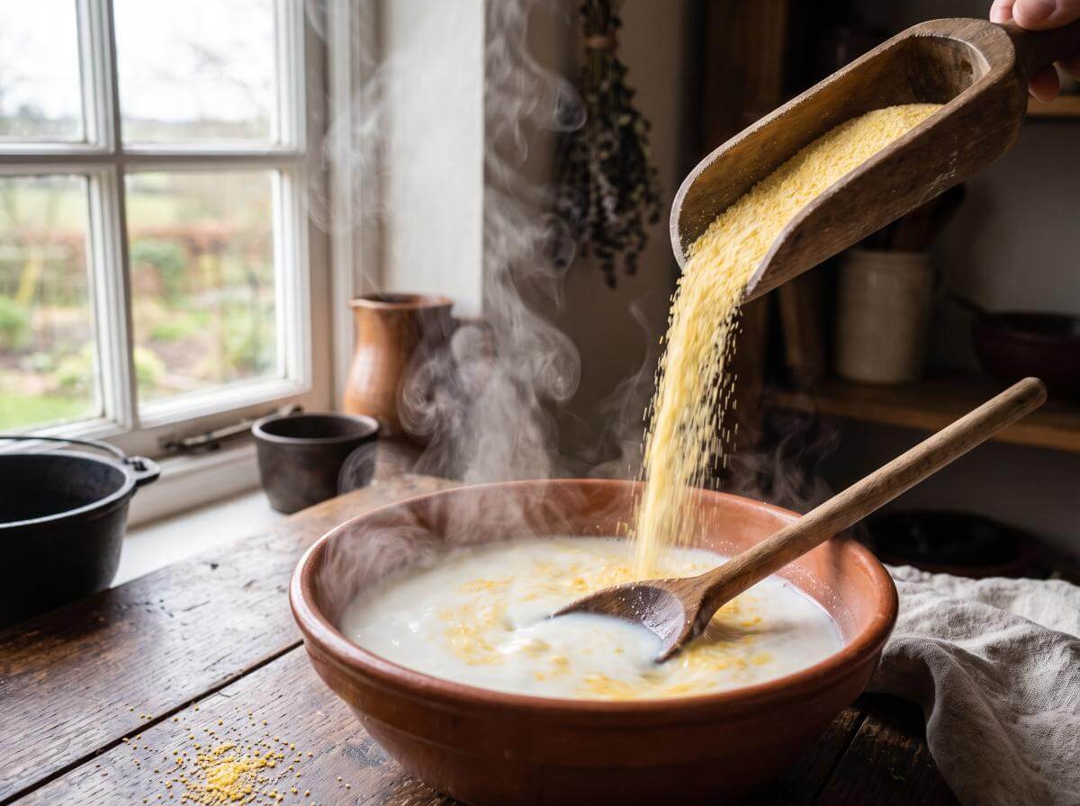 Fubá sendo escalfado com leite quente