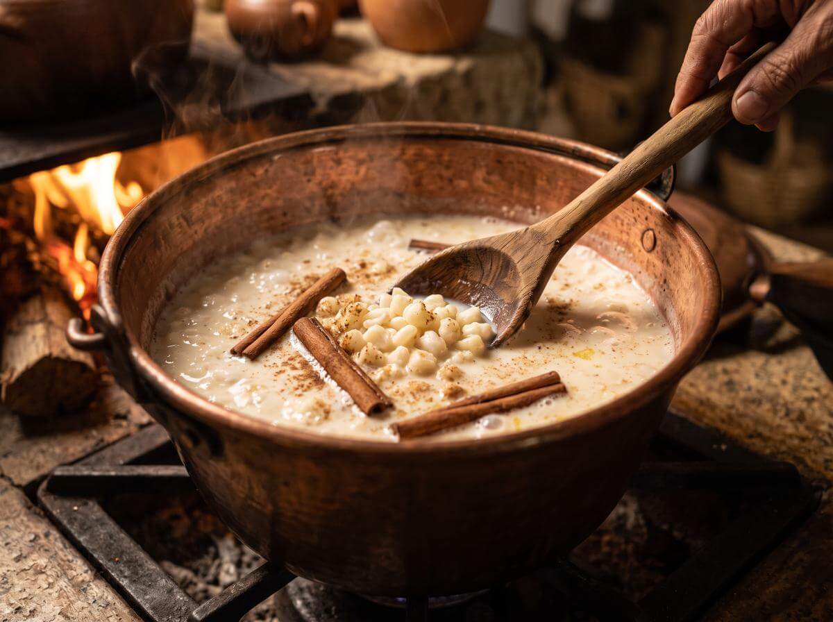 Canjica cozinhando com canela em rama
