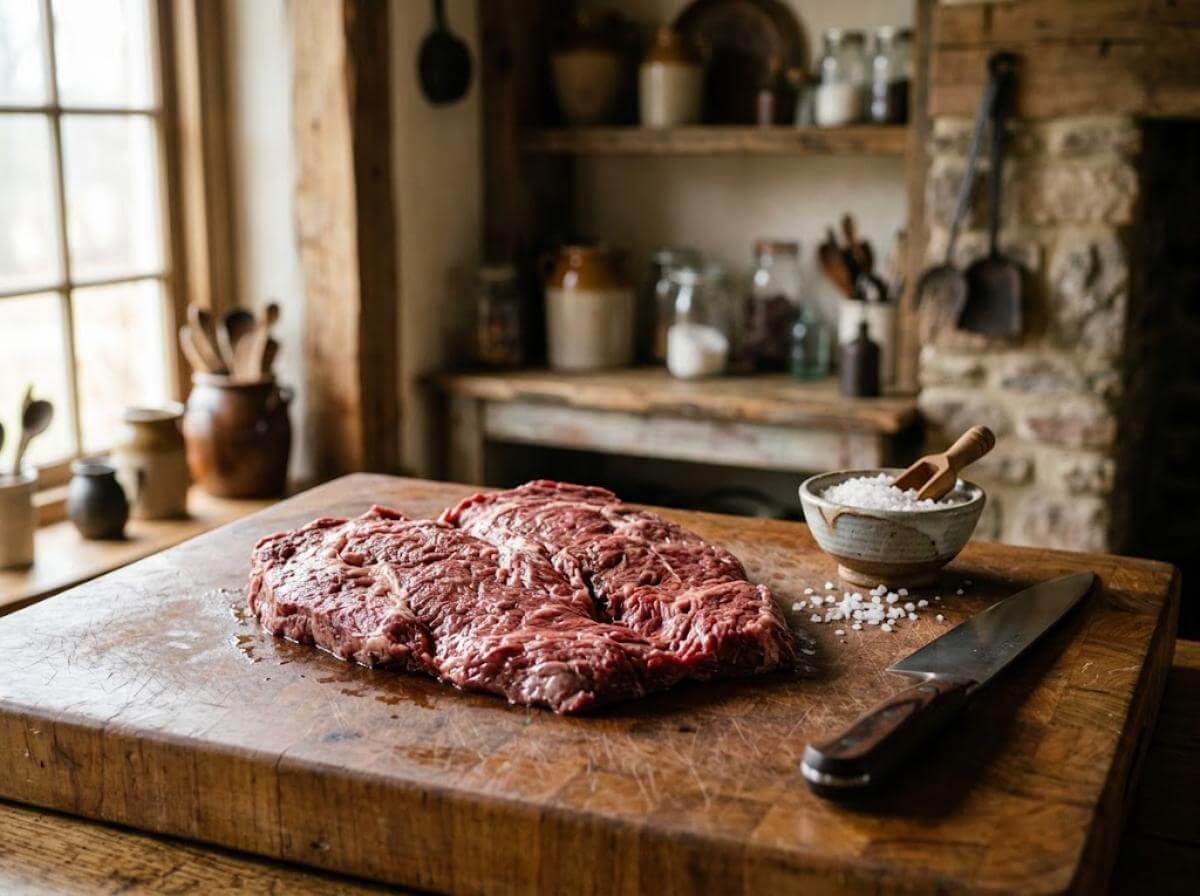 Corte de carne aberto em manta com sal grosso
