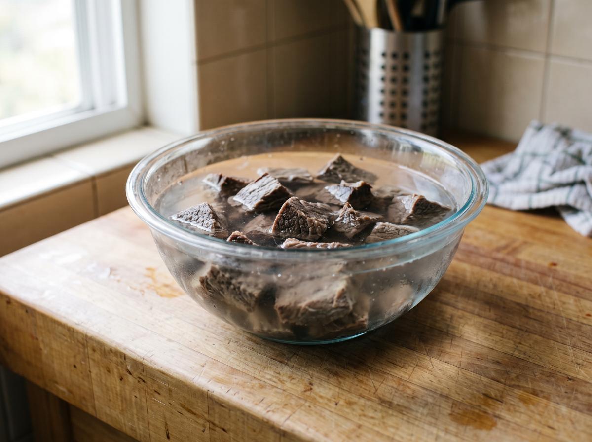 Carne de sol de molho em água fria para dessalgar