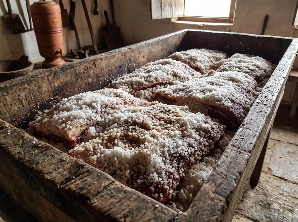 Camadas de sal grosso sobre a carne