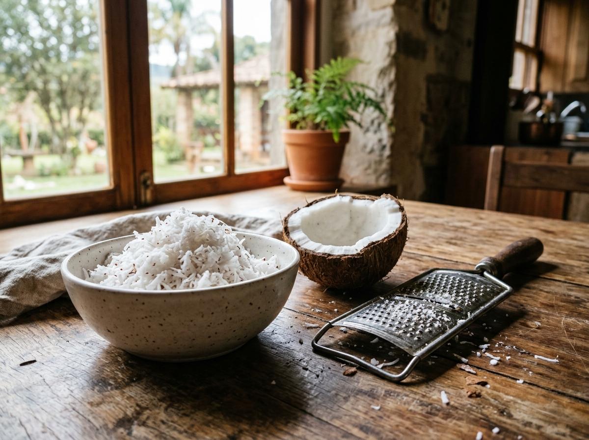 Coco fresco ralado grosso em tigela de cerâmica
