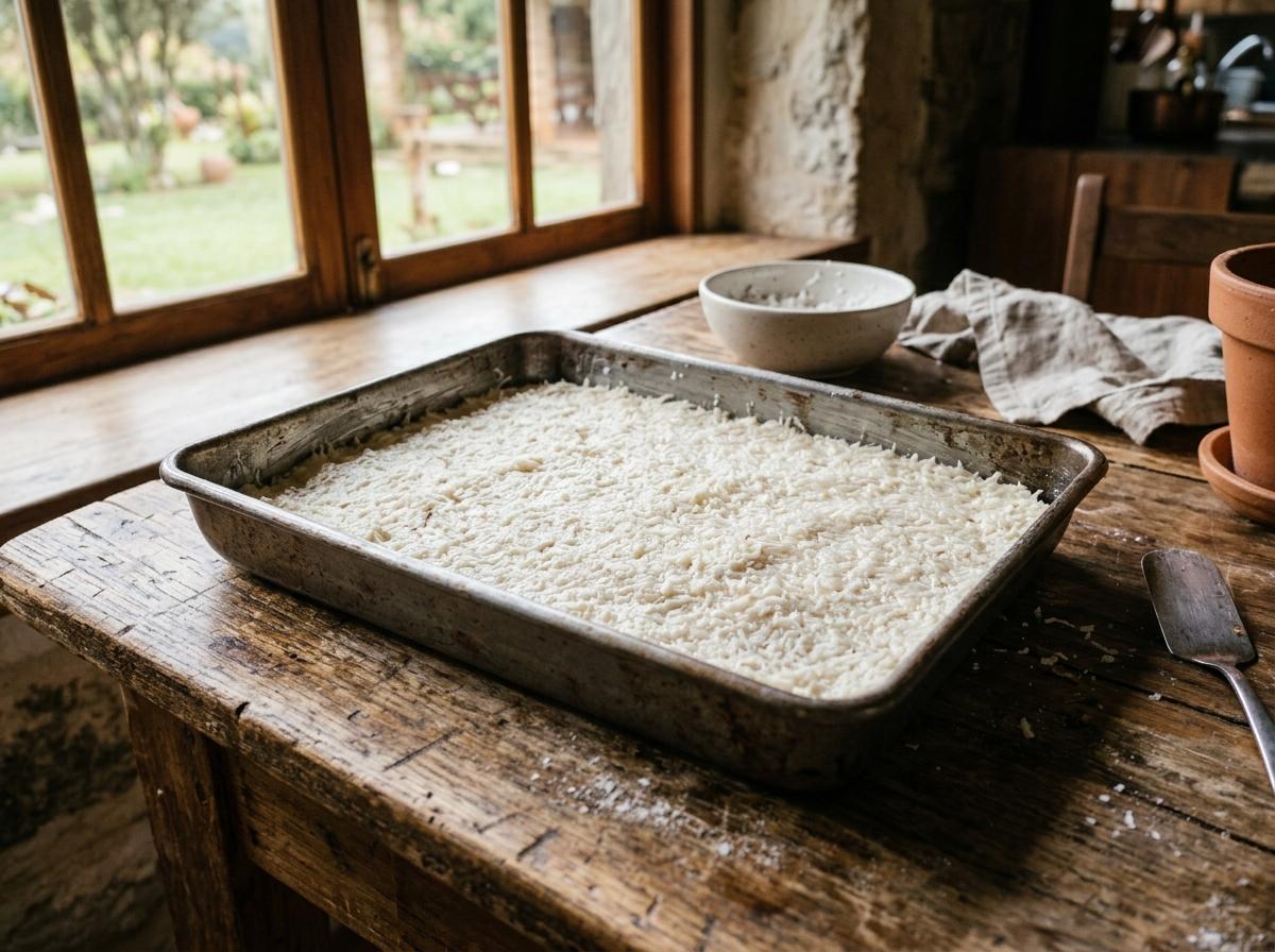 Massa da cocada espalhada na assadeira antes de assar