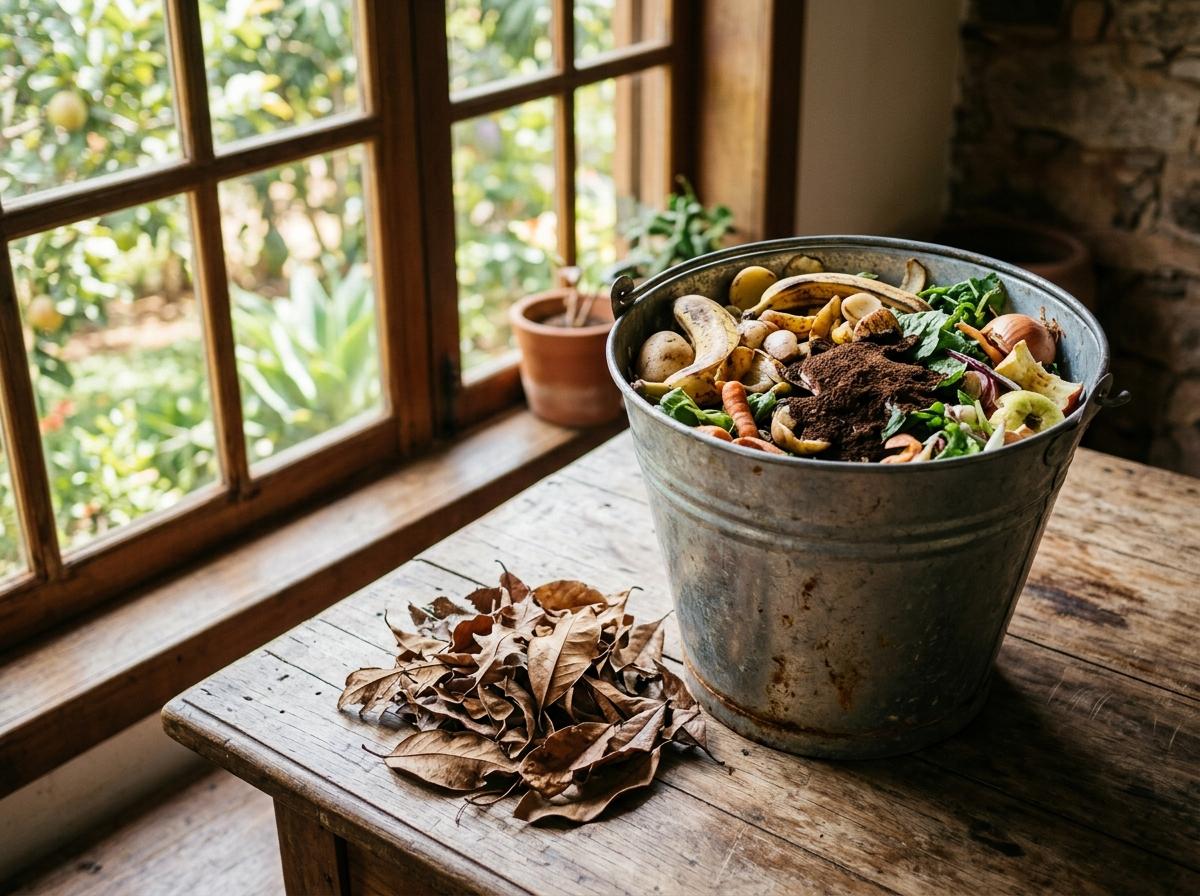 Restos de cozinha separados em balde para compostagem