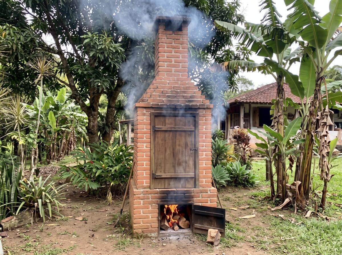 Defumador de tijolos com lenha de aroeira