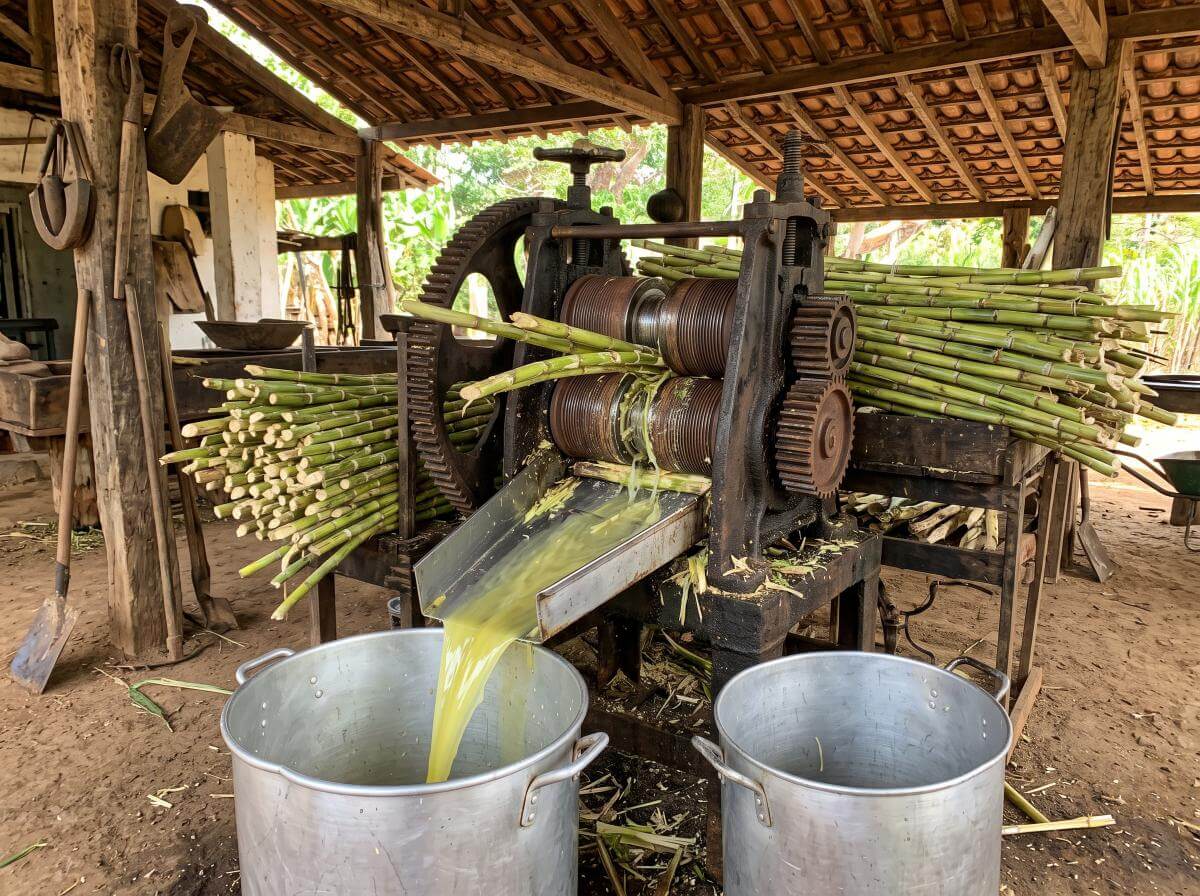 Caldo de cana sendo extraído no engenho