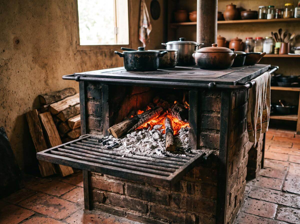Fogão a lenha com brasa no ponto para assar o frango