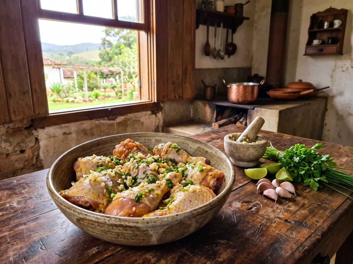Pedaços de galinha caipira temperados