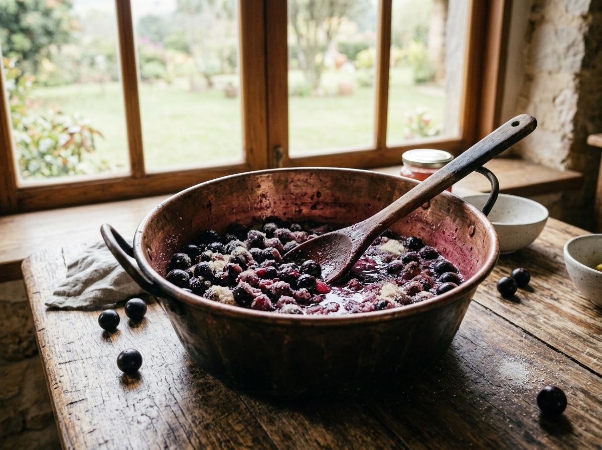 Frutas macerando com açúcar na panela