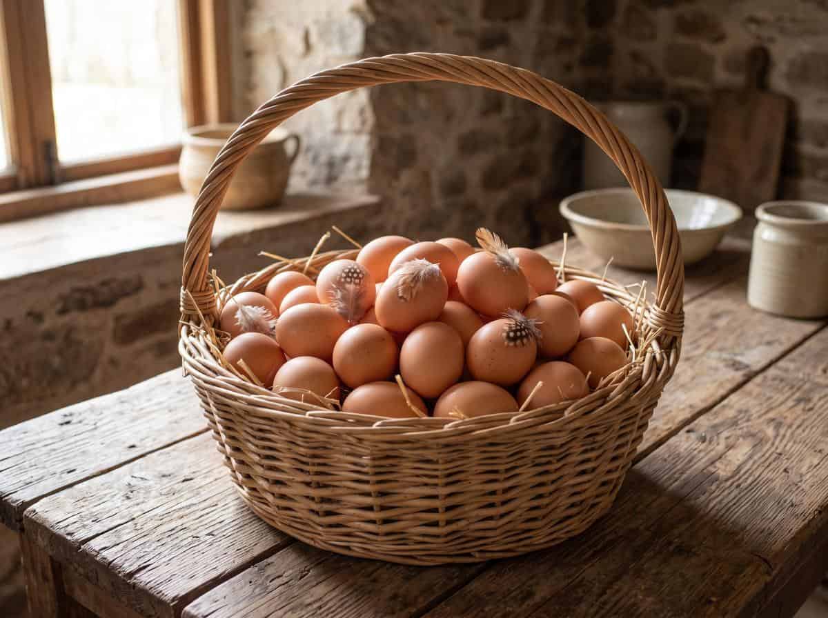 Ovos caipiras recém colhidos numa cesta
