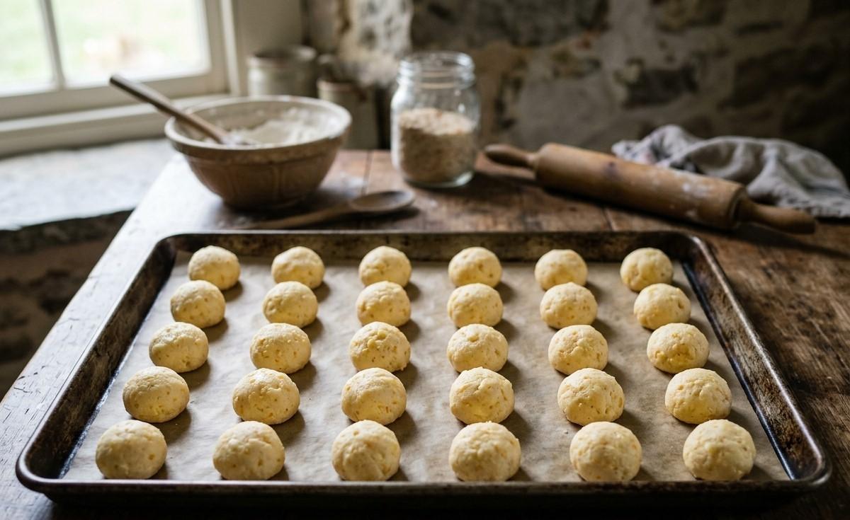 Bolinhas de pão de queijo na assadeira antes de assar