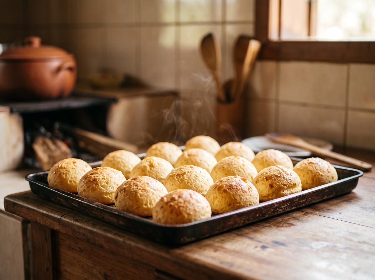 Pão de queijo bem estufado e dourado, recém-saído do forno