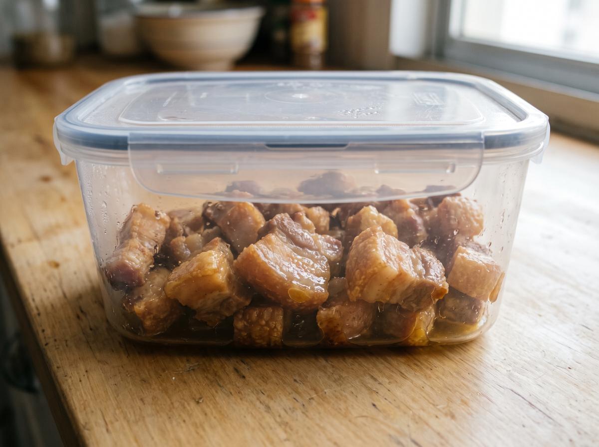 Torresmo murcho e mole guardado em pote