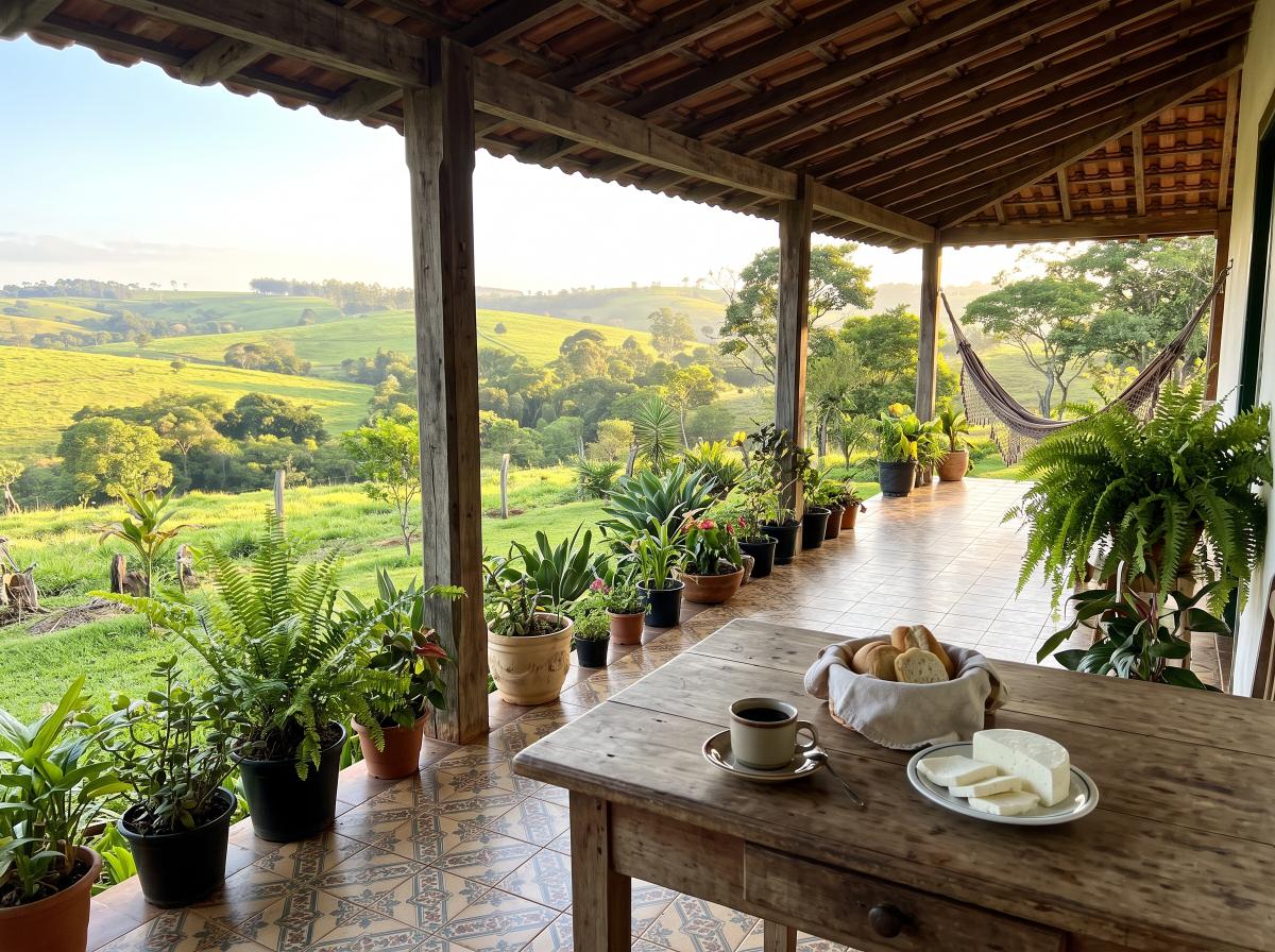 Varanda da casa com café da manhã